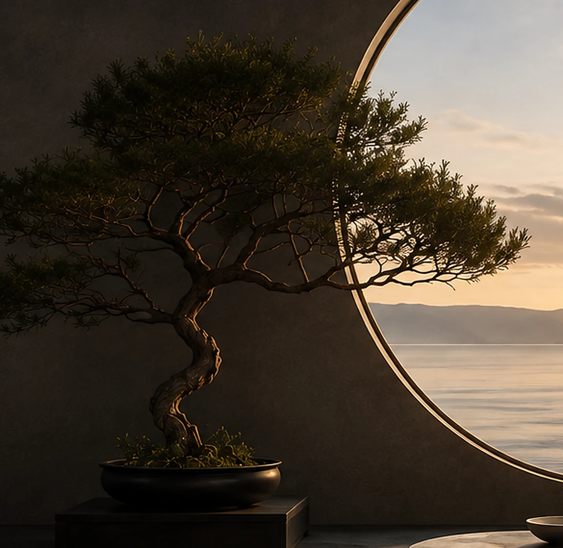 A sculptural pine in a low stone basin, lit by late daylight from a circular window.